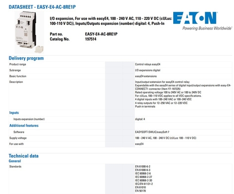 接触負荷 100-240V AC/DC 4DI4RO プッシュイン端末 EASY-E4-AC-8RE1P DI/O 電源