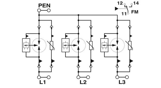 FLT-SEC-T1 T2-3C-350/25-FM タイプ 1 2 組み合わせた電圧保護装置 3 極 定電圧 350V