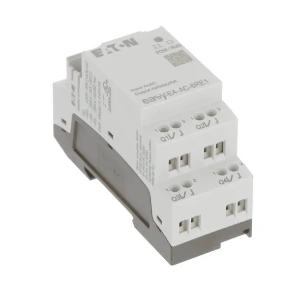 EASY-E4-AC-8RE1 4DI4RO DI/O モジュールは,100-240V AC/DC 電源のスクリュー・ターミナル
